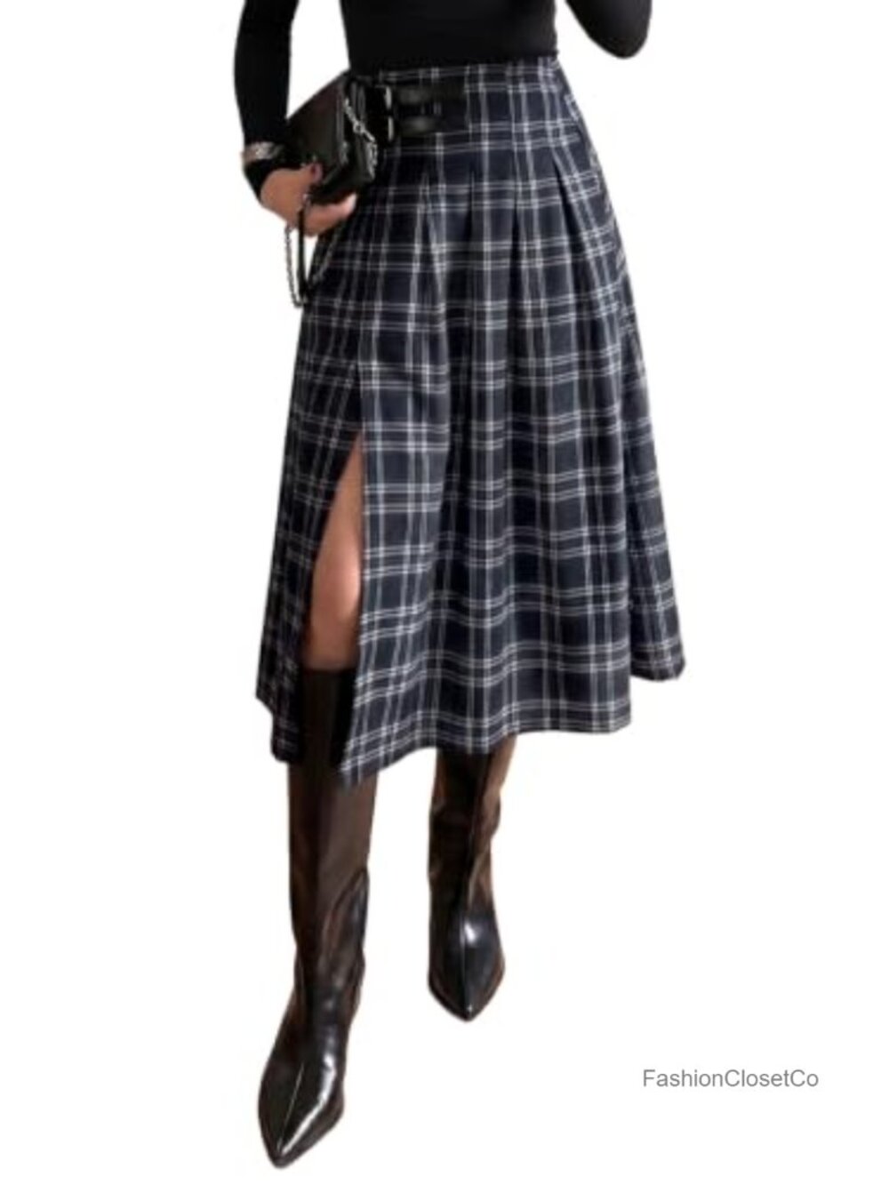 High Waist Side Slit Plaid Midi Skirt A-Line Women